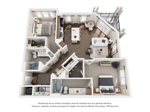 Floor plan for 2 beds, 2 baths, 1186 sqft